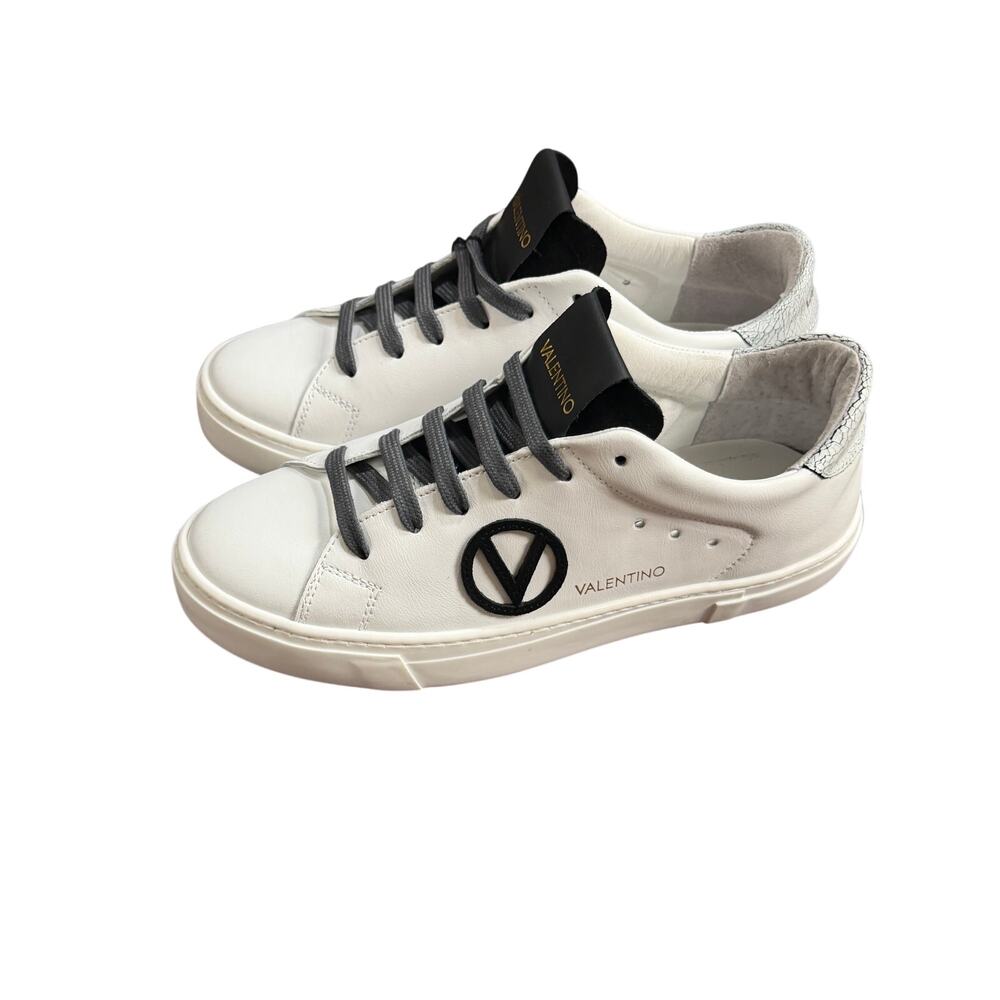 Valentino Laura Low Top Sneakers White Leather Crackle Heel IT 40 US 10 - Picture 7 of 10
